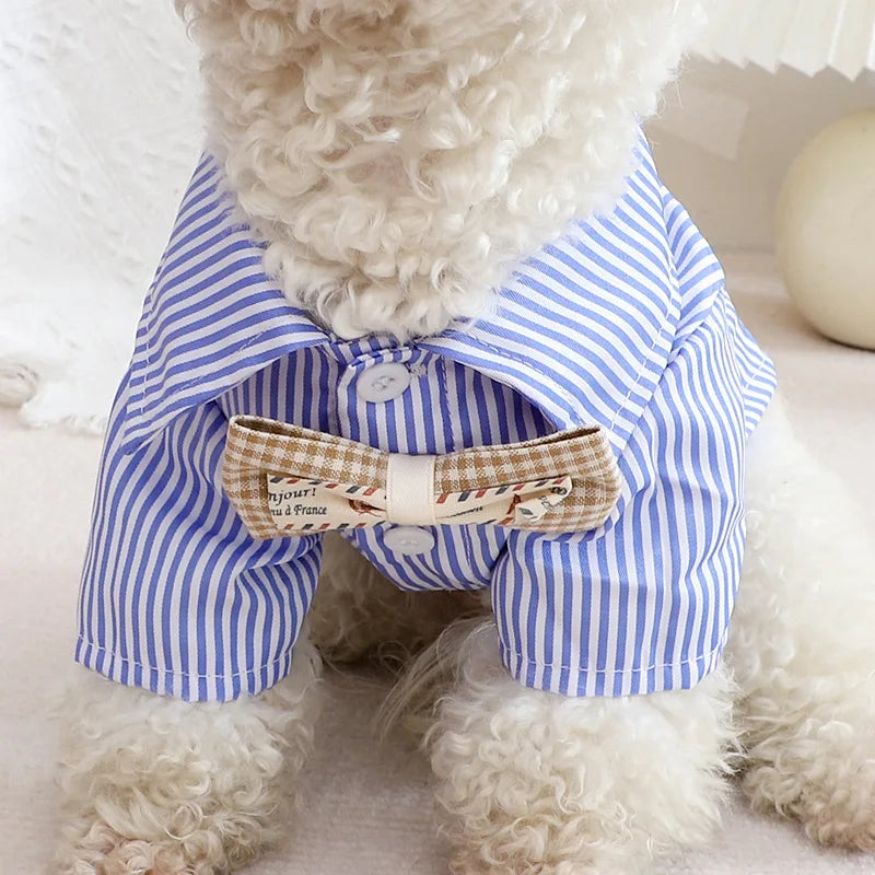 Pet Dog Clothes Bowknot Striped Shirts Thin Summer Blue Fashion