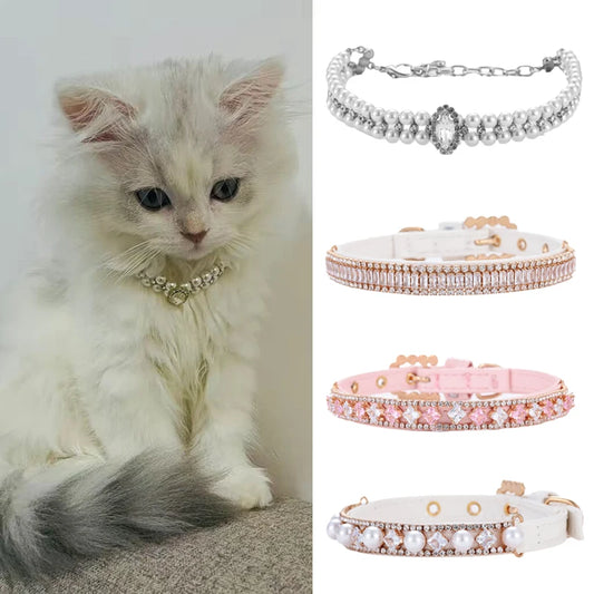 Luxury Cat Puppy Pearl Necklace Rhinestone Collar for Cats Small Dogs