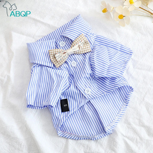 Pet Dog Clothes Bowknot Striped Shirts Thin Summer Blue Fashion