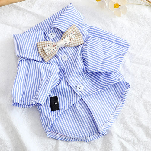 Pet Dog Clothes Bowknot Striped Shirts Thin Summer Blue Fashion